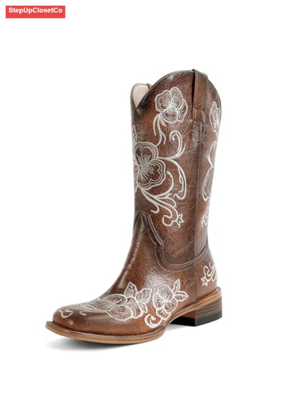 Floral Embroidered Western Mid Calf Boots Chunky Heel Square Toe Pull-On
